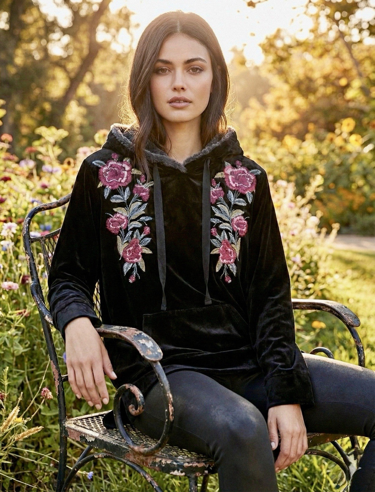 Johnny Was 1X Plus Black Velvet & Fur Hoodie Pullover Top Tunic Embroidered Johnny Was