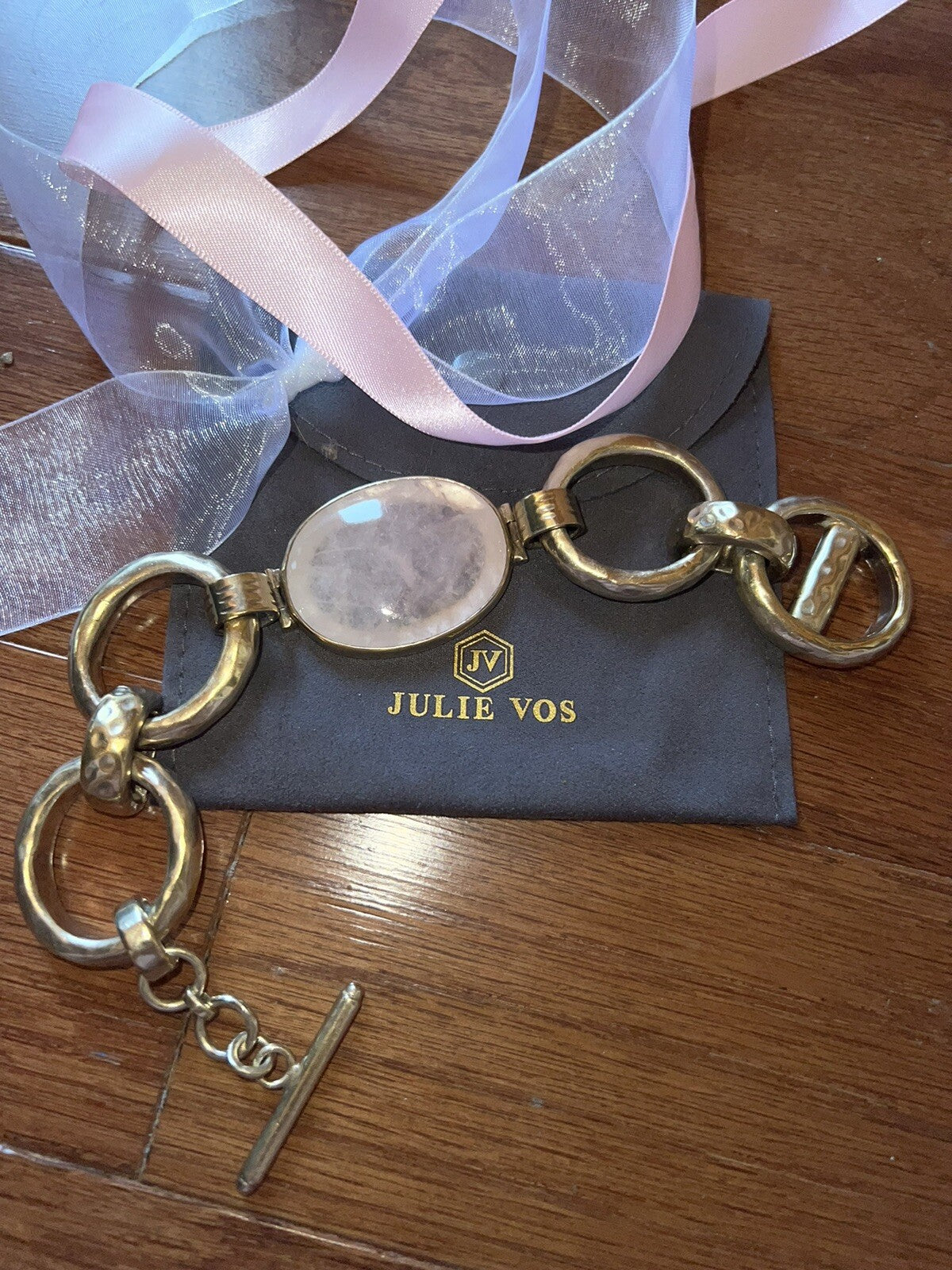 Julie Vos Pink Large Link Bracelet 24K Plate Over 925 Silver Rose Quartz Toggle Julie Vos