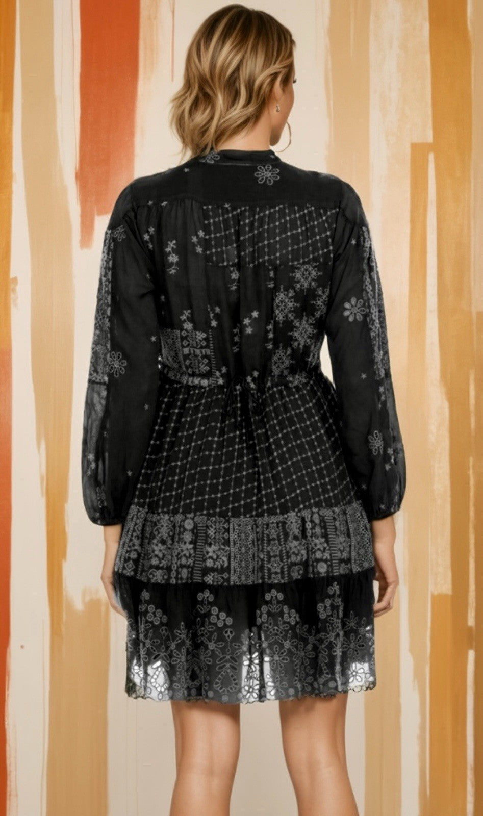 Johnny Was XXL Black Eyelet Lace Mini Dress & Slip Drawstring Waist $560 Ret Johnny Was