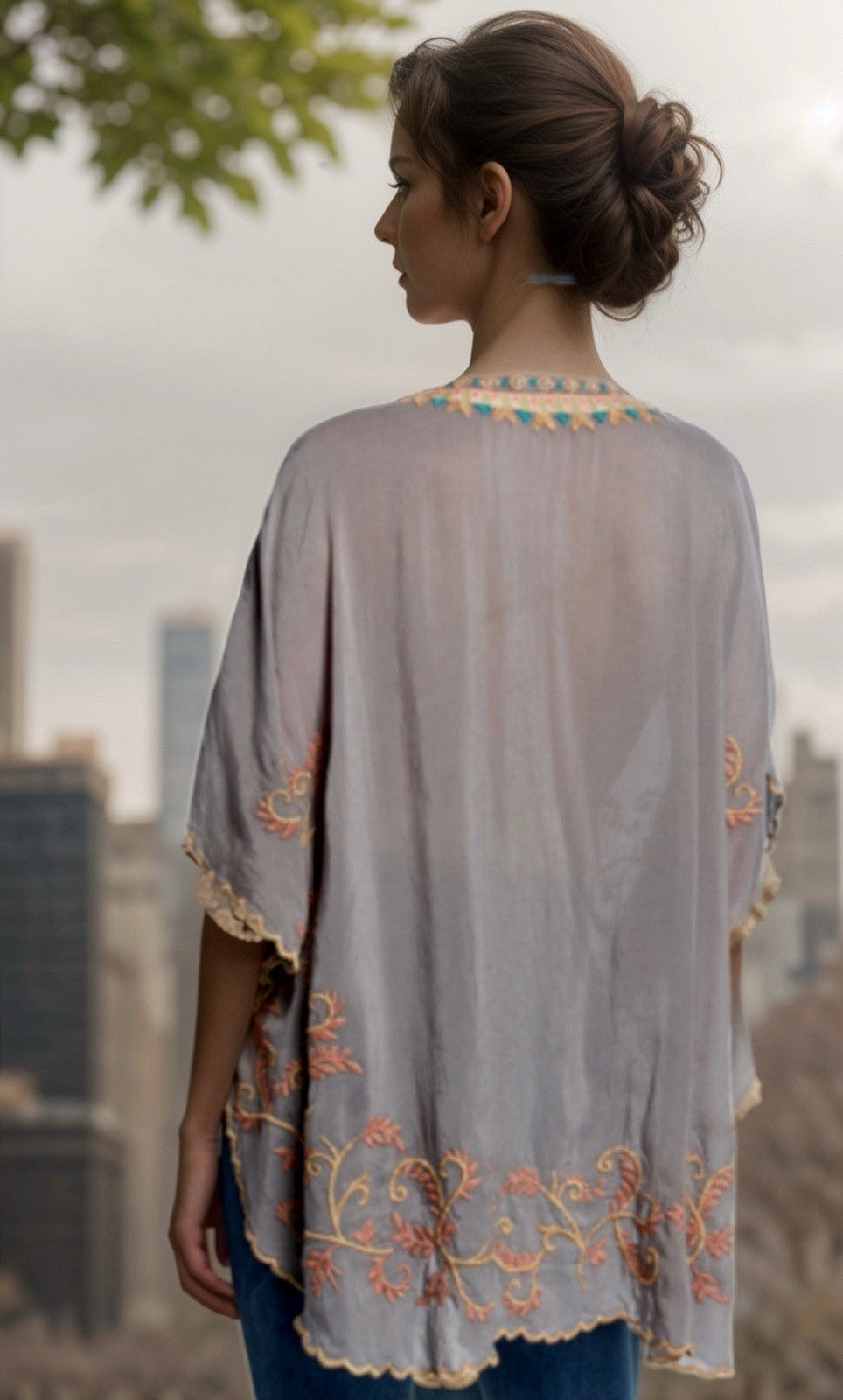 Johnny Was M Silky Kimono Poncho Wrap Top Cover Up Gold Embroidery PitPit 31” Johnny Was