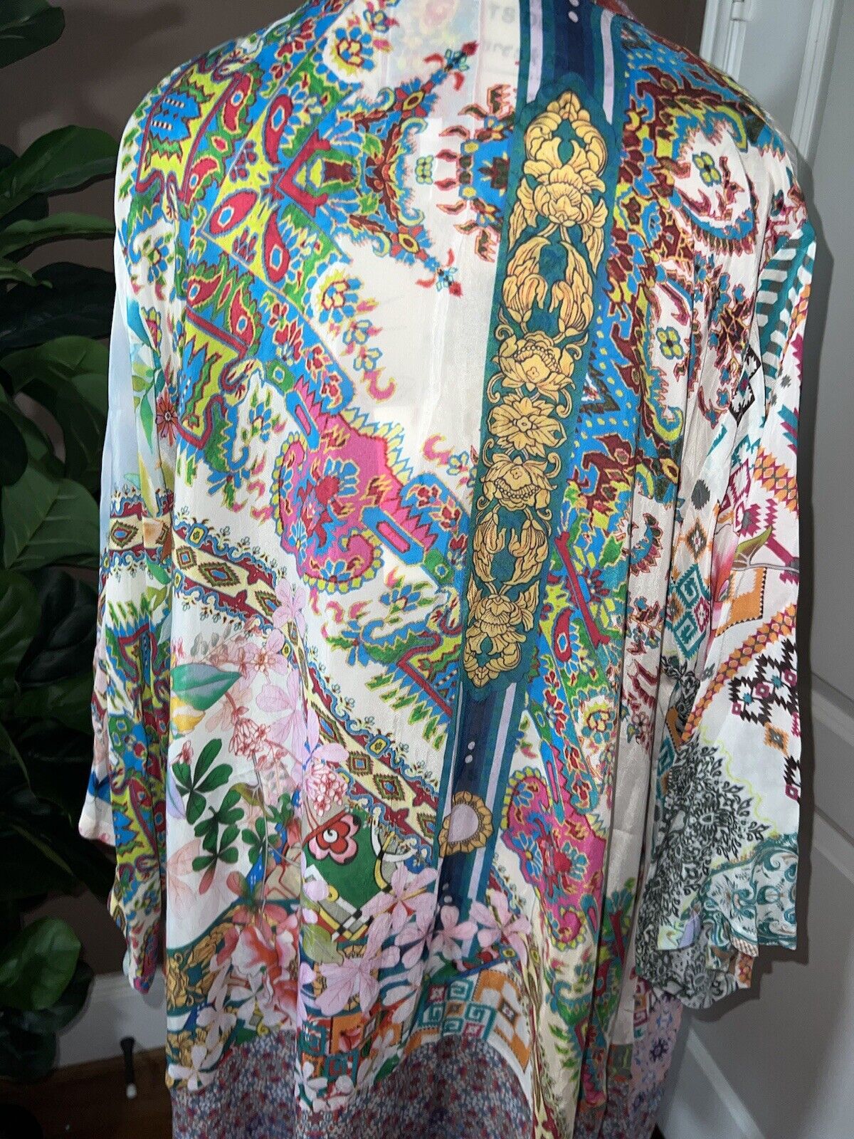 Johnny Was Silky Floral Kimono Wrap Cardigan Sz L Large Embroidered Pockets