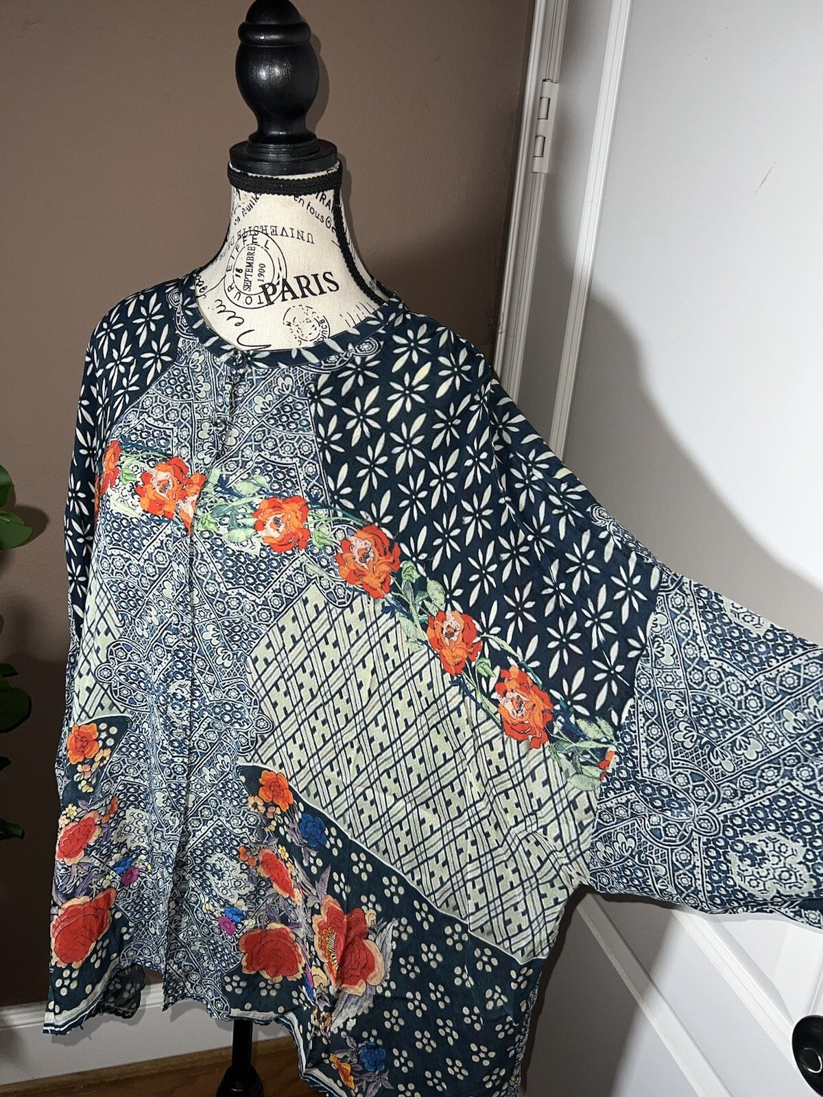 Johnny Was XXL Silky Top Long Sleeve Blouse Button Up Lightweight Floral Tunic Johnny Was