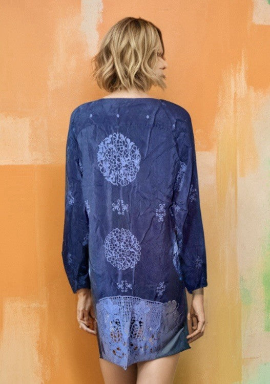 Johnny Was M Medium Navy Blue Shift Mini Dress Lace Embroidered Silky Tunic Top Johnny Was