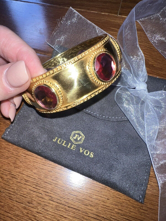 New Julie Vos Bangle Cuff Hinged Bracelet With Wine Colored Stones 24k PlateNWOT