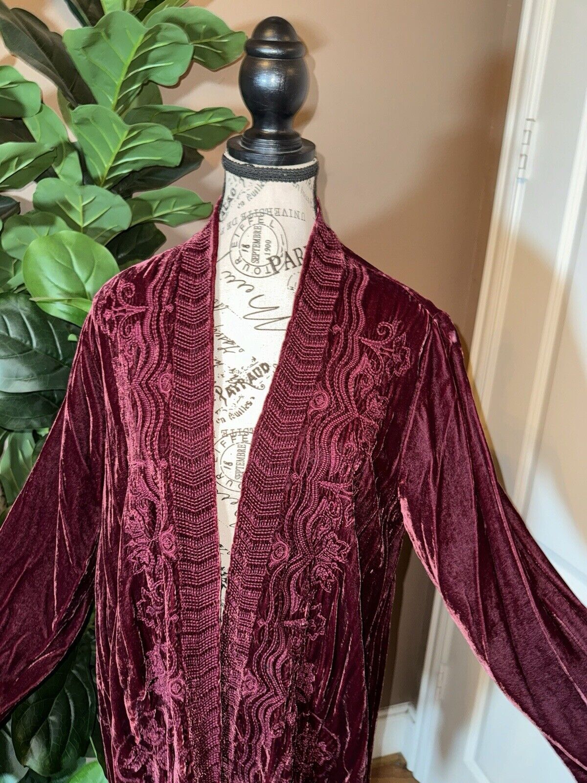 Johnny Was L Deep Wine Red Velvet Kimono Wrap Cardigan Tonal Embroidery