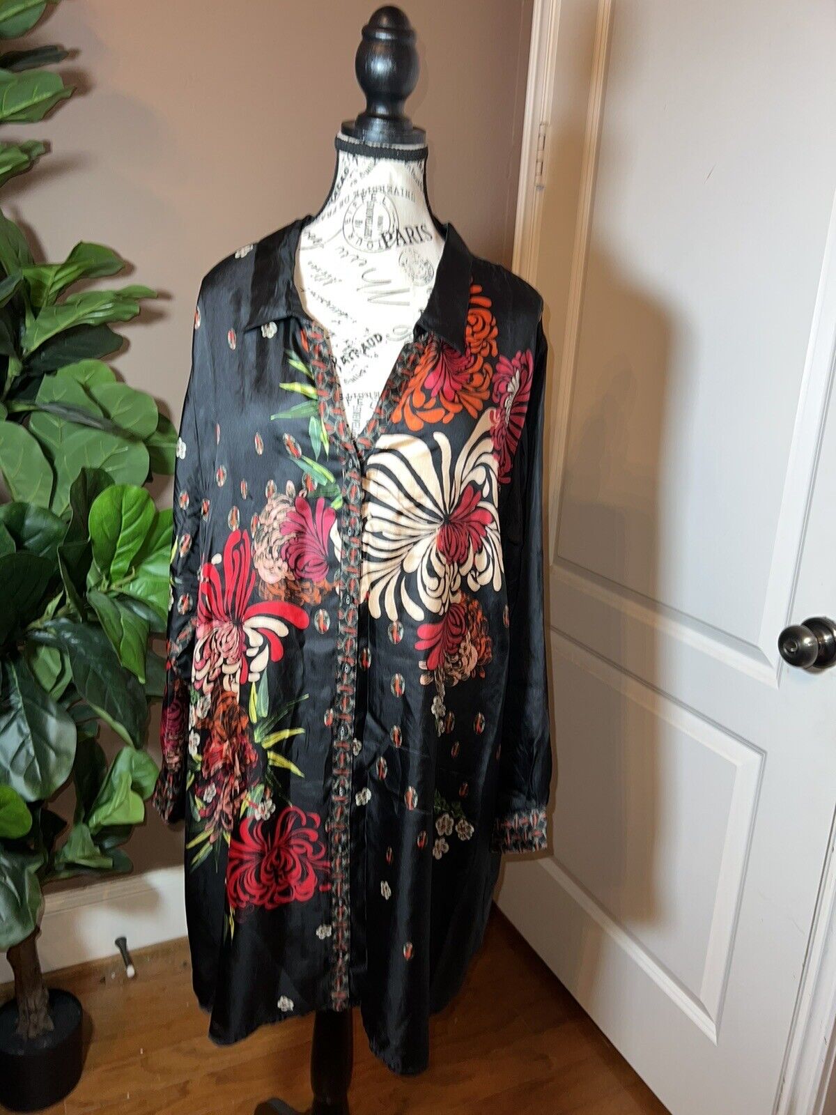 Johnny Was 100% Silk Black Floral Pattern Tunic Top Mini Shirt Dress 2X  XXL