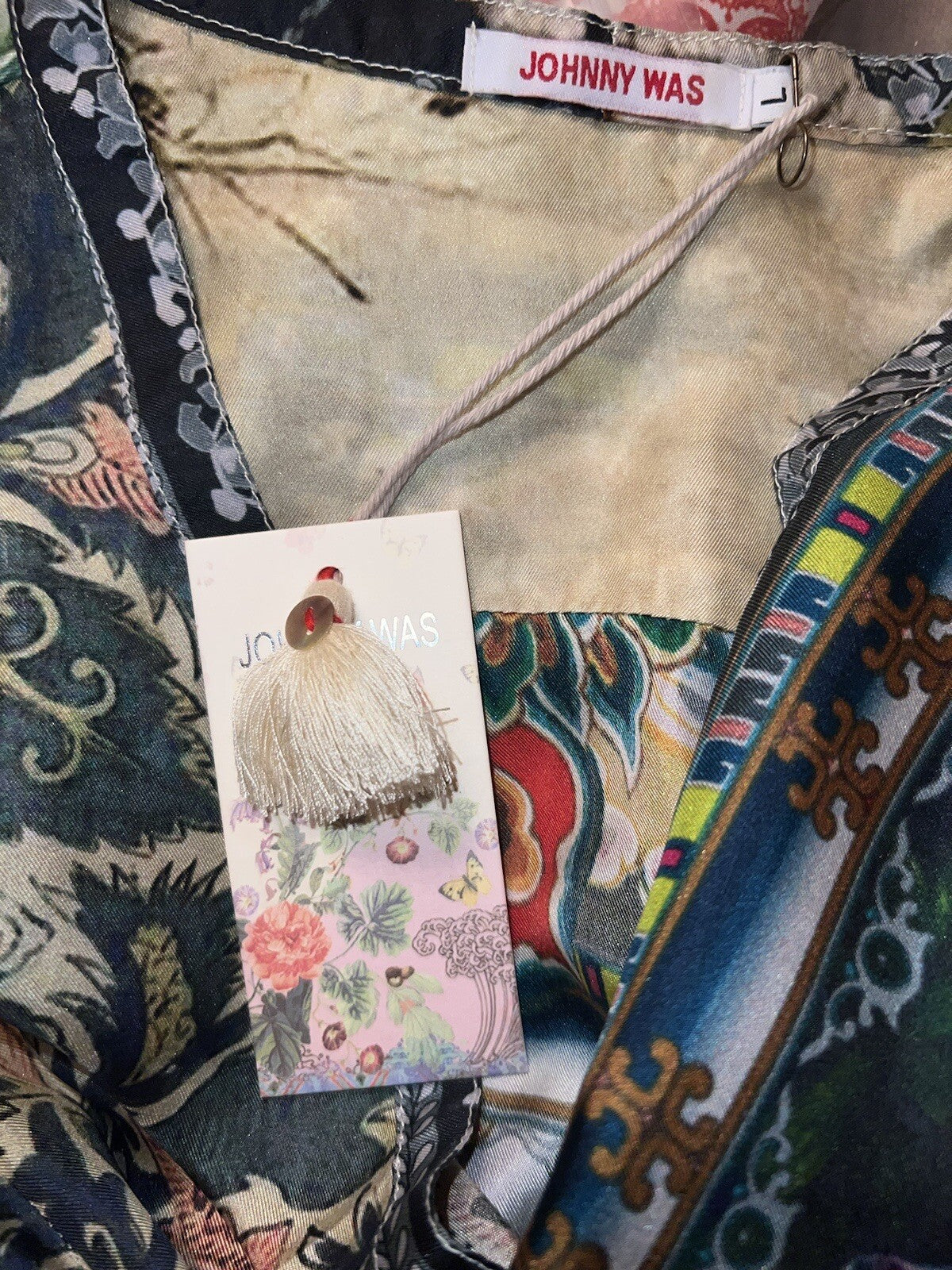 Johnny Was Large 100% Silk Kimono Cherry Blossoms STUNNING BACK Button Up Blouse Johnny Was