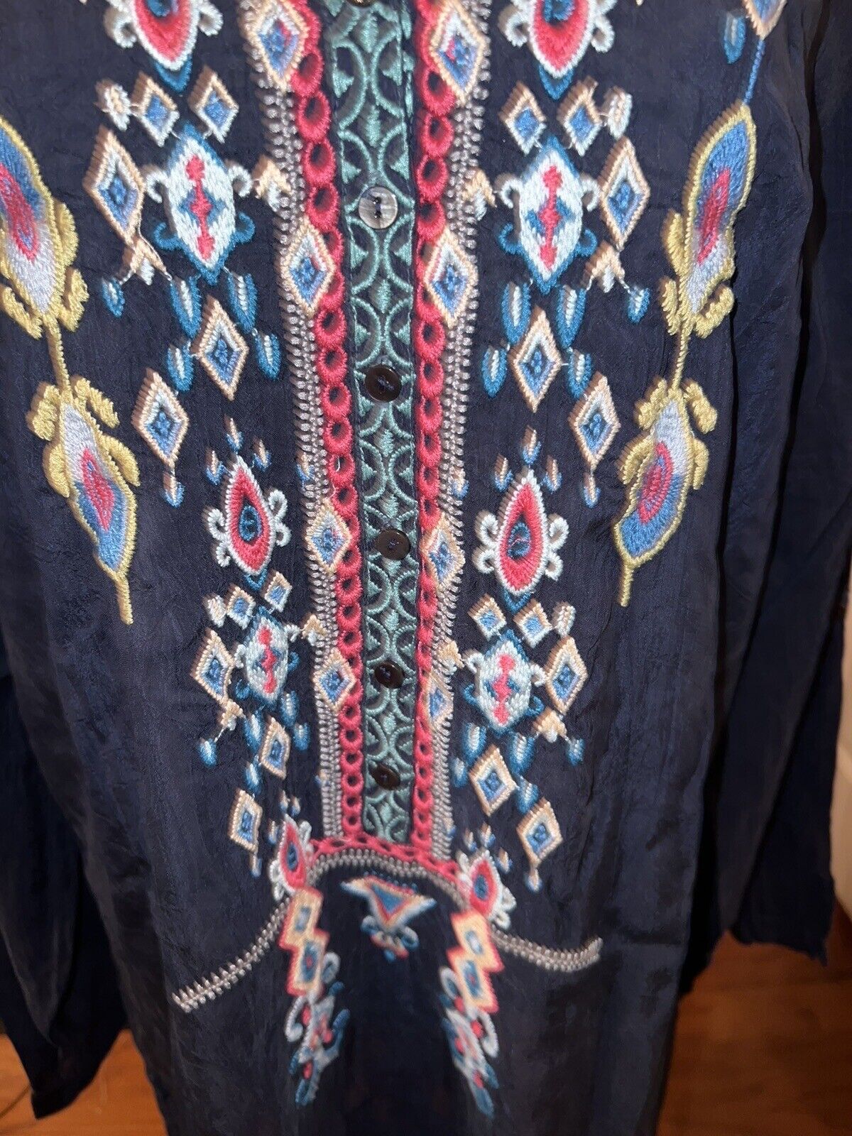 Johnny Was Sz XL Heavily Embroidered Silky Navy Tunic Top Kimono Sleeve