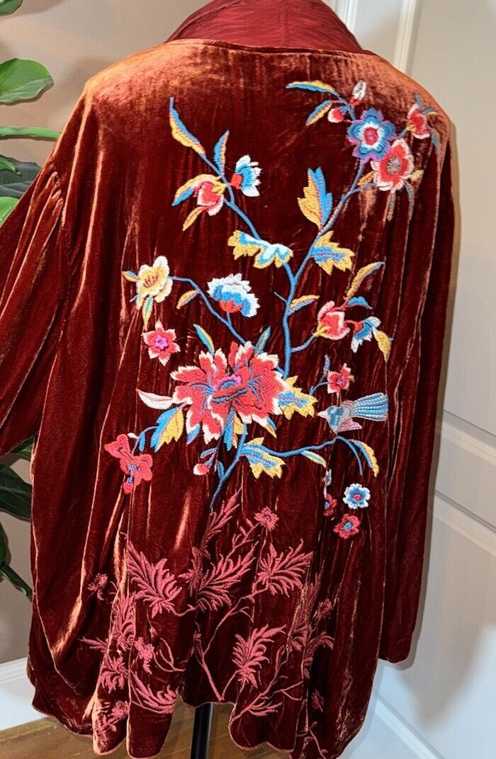 Johnny Was 3X Wine Red Velvet & Silk Kimono Wrap Embroidered Cardigan Jacket