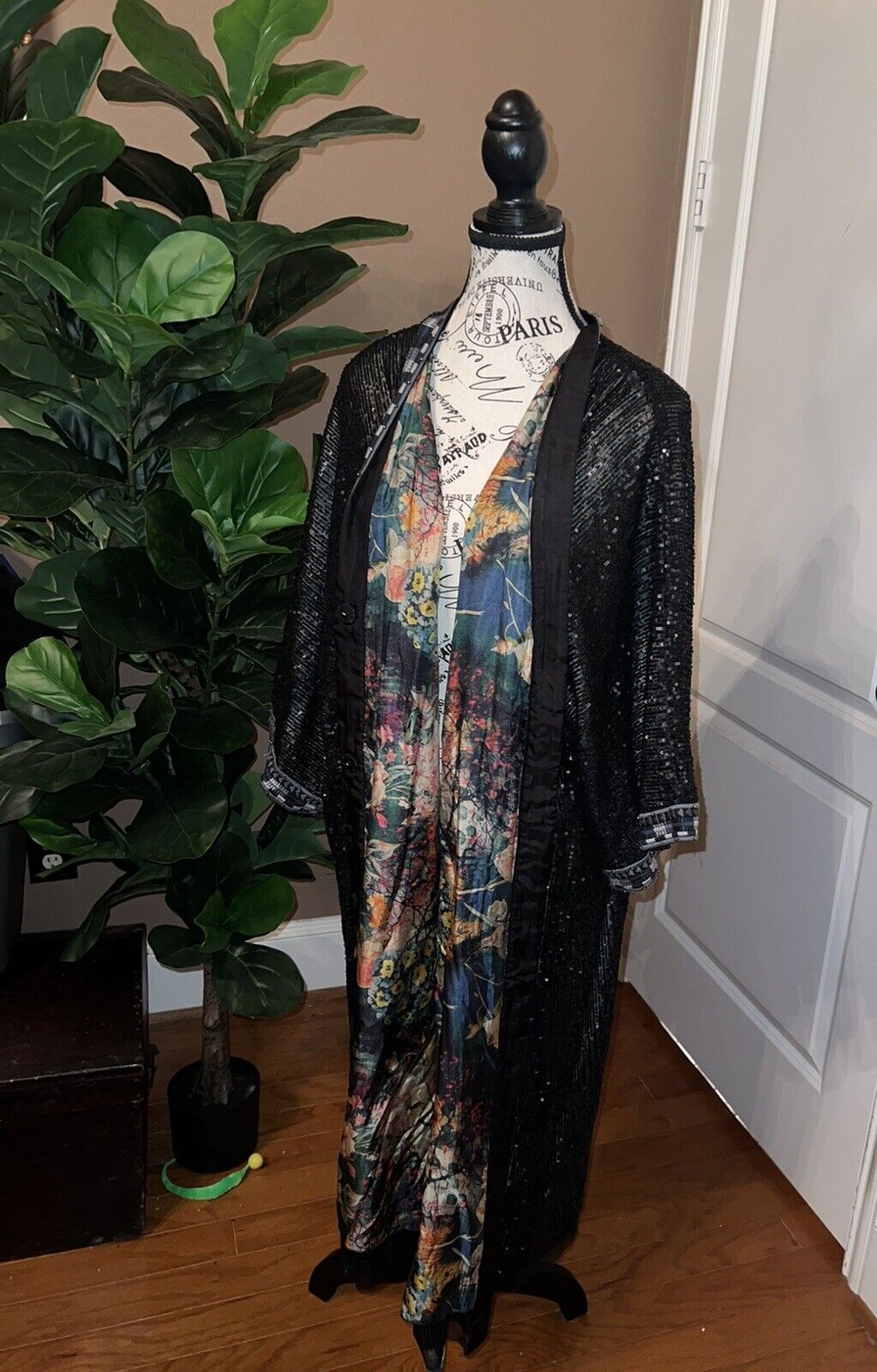 Johnny Was Large Long Silk & Sequin Black KIMONO Duster Wrap REVERSIBLE