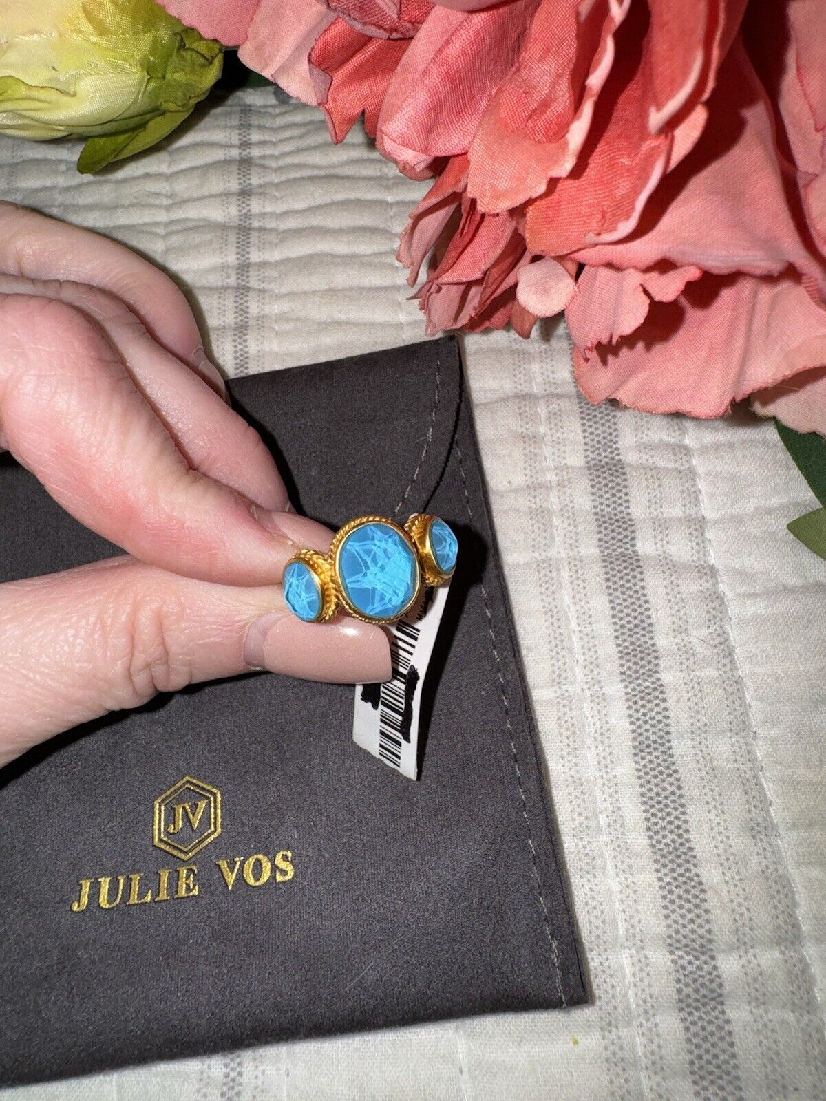 NEW Julie Vos Three Stone Ring Iridescent Pacific Blue & 24k Gold Plate Sz 9 NWT