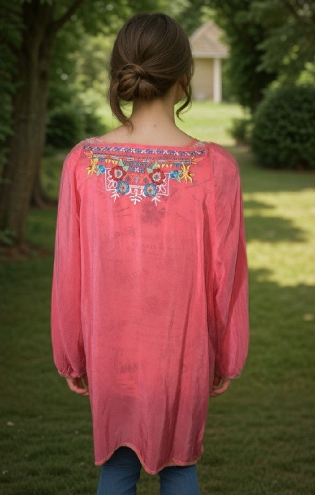 Johnny Was Sz XL Silky Soft Cool Pink Tunic Top Blouse Lightweight Embroidery Johnny Was