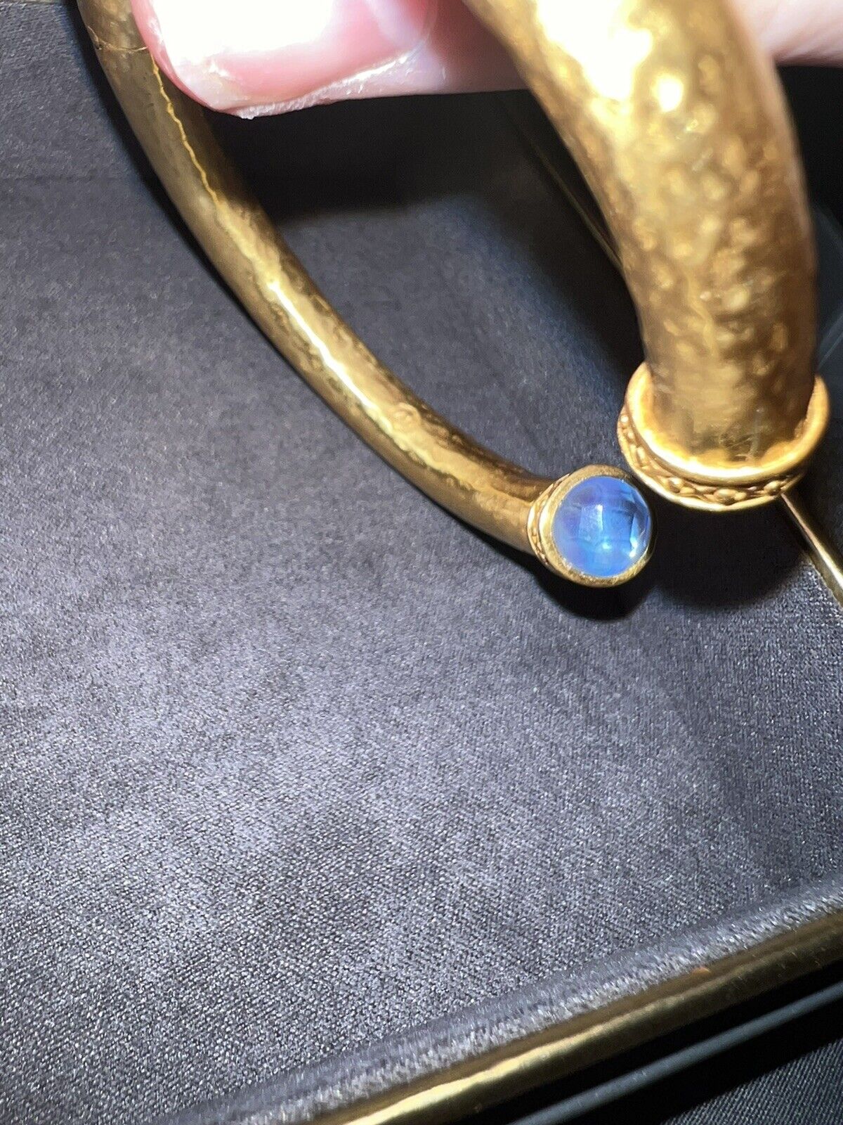 Julie Vos Hinged Bangle Bracelet Blue Iridescent Glass 24k Gold Plated