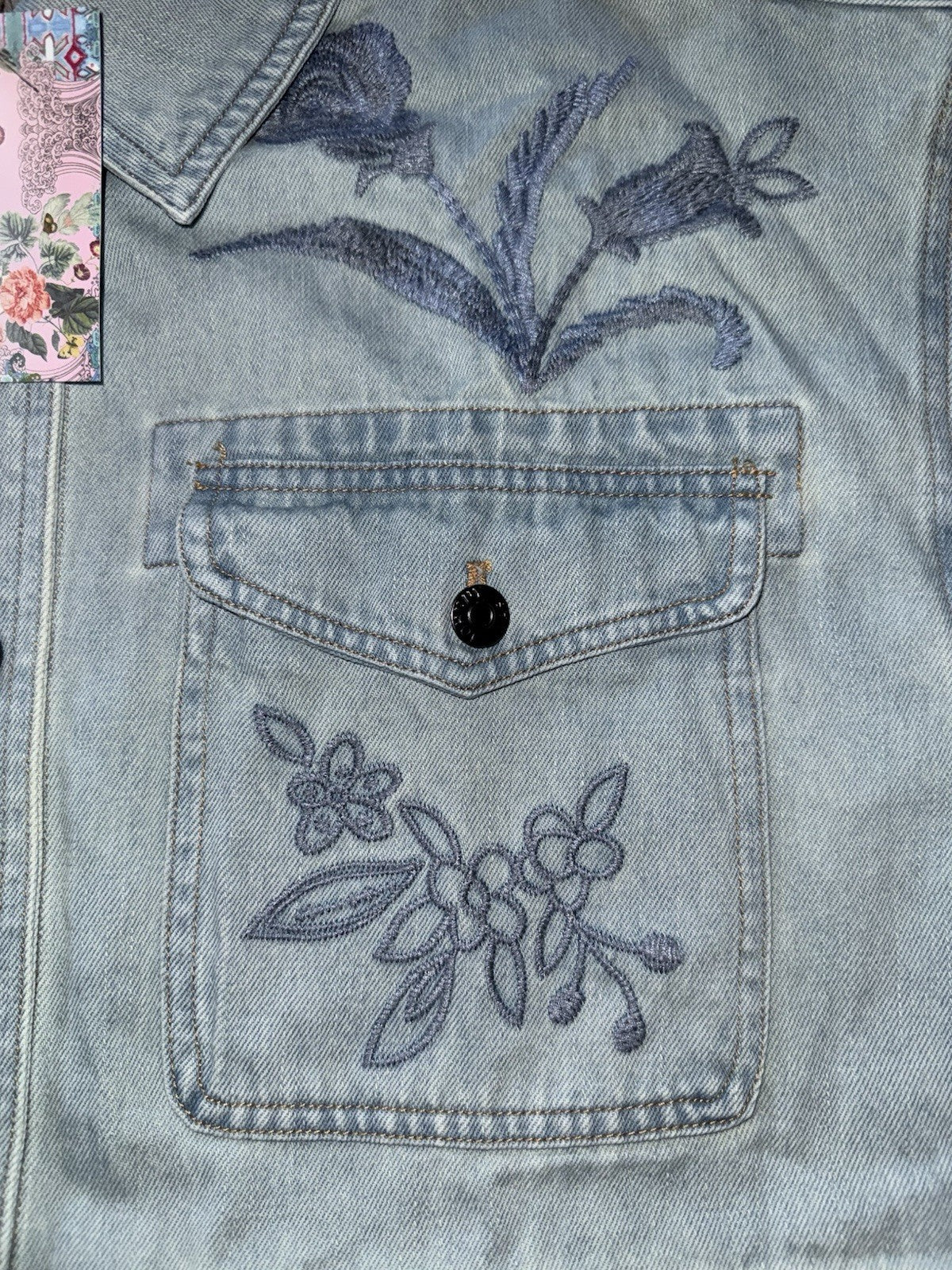 Johnny Was XL Denim Jacket Shacket Coat Embroidered Blue Light Wash Johnny Was