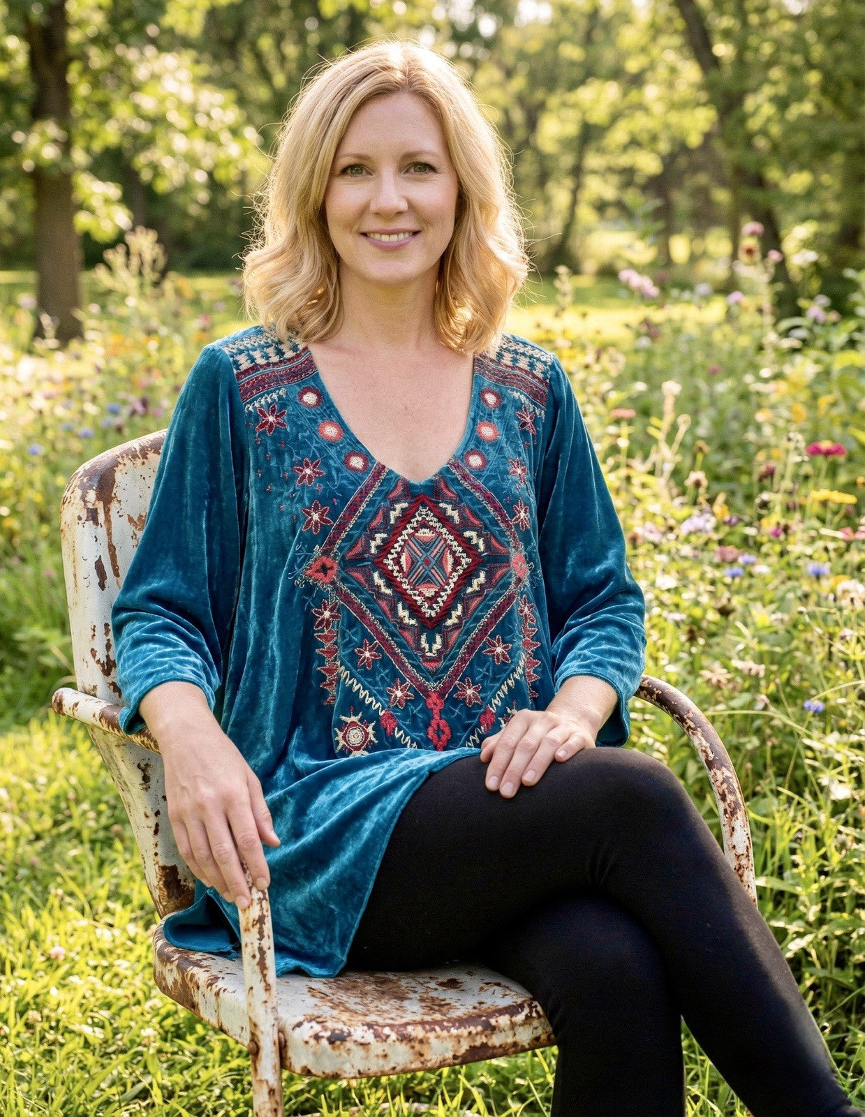 Johnny Was 1X Plus Turquoise Blue Velvet Tunic Top Long Sleeve Blouse Shirt Johnny Was