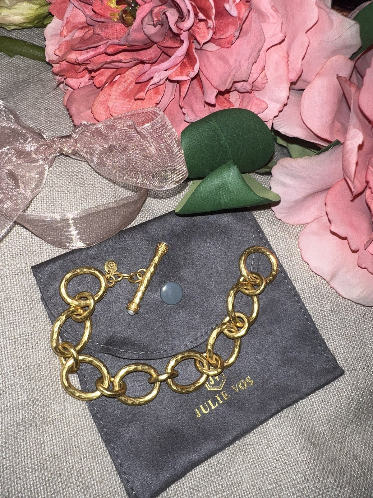 Julie Vos 24k Gold Plated Toggle Chain Link Bracelet PEARL END CAPS Julie Vos