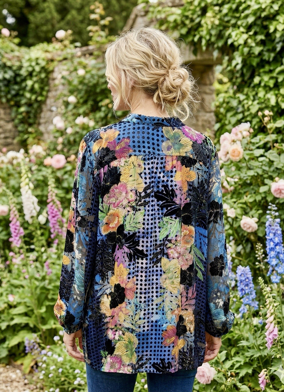 Johnny Was XL Blue Burnout Velvet Button Up Tunic Top Blouse Shirt *No Cami Johnny Was