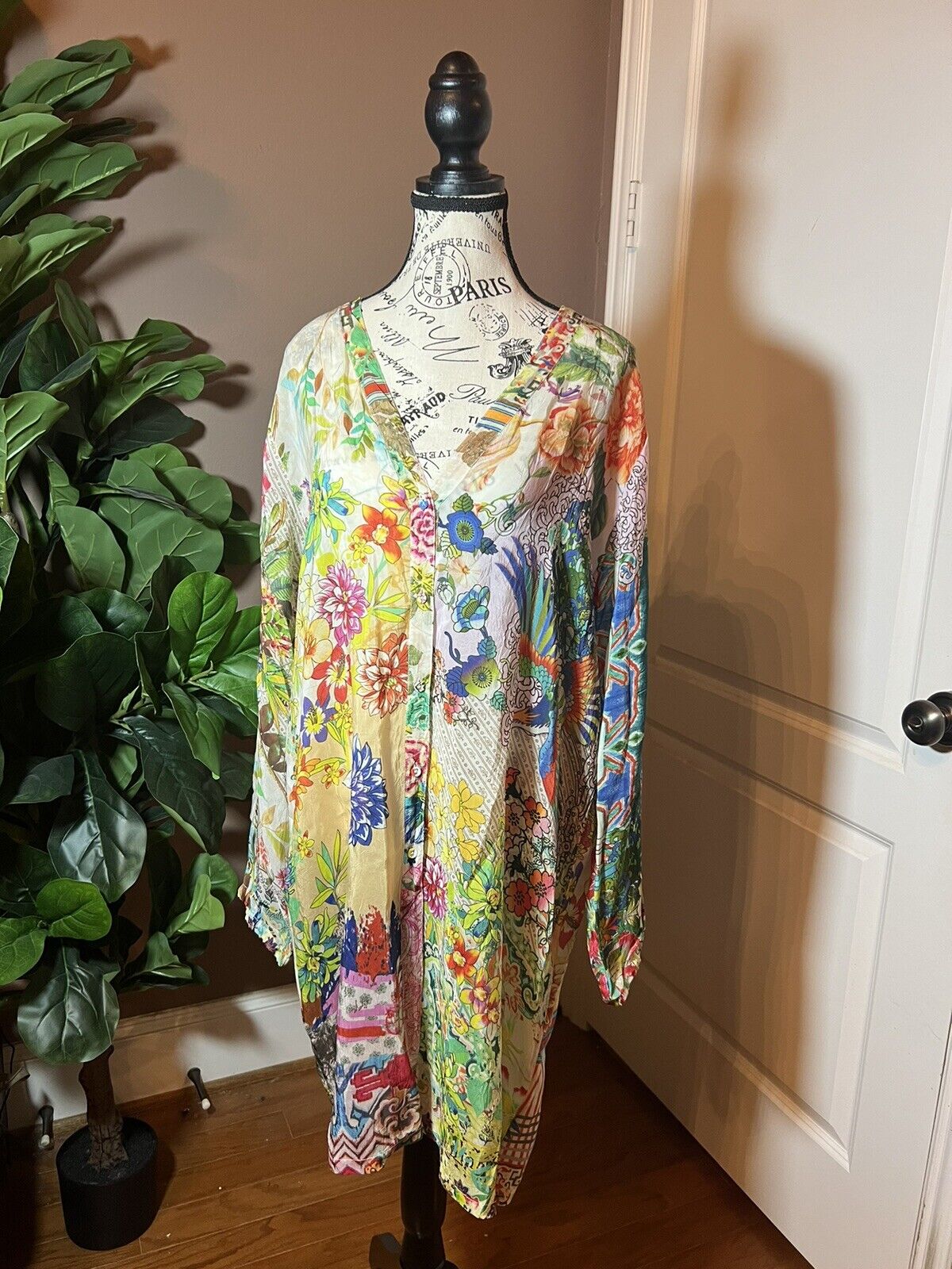 Johnny Was Silky Floral & Phoenix Long Sleeve Tunic Top Mini Dress L  Kimono