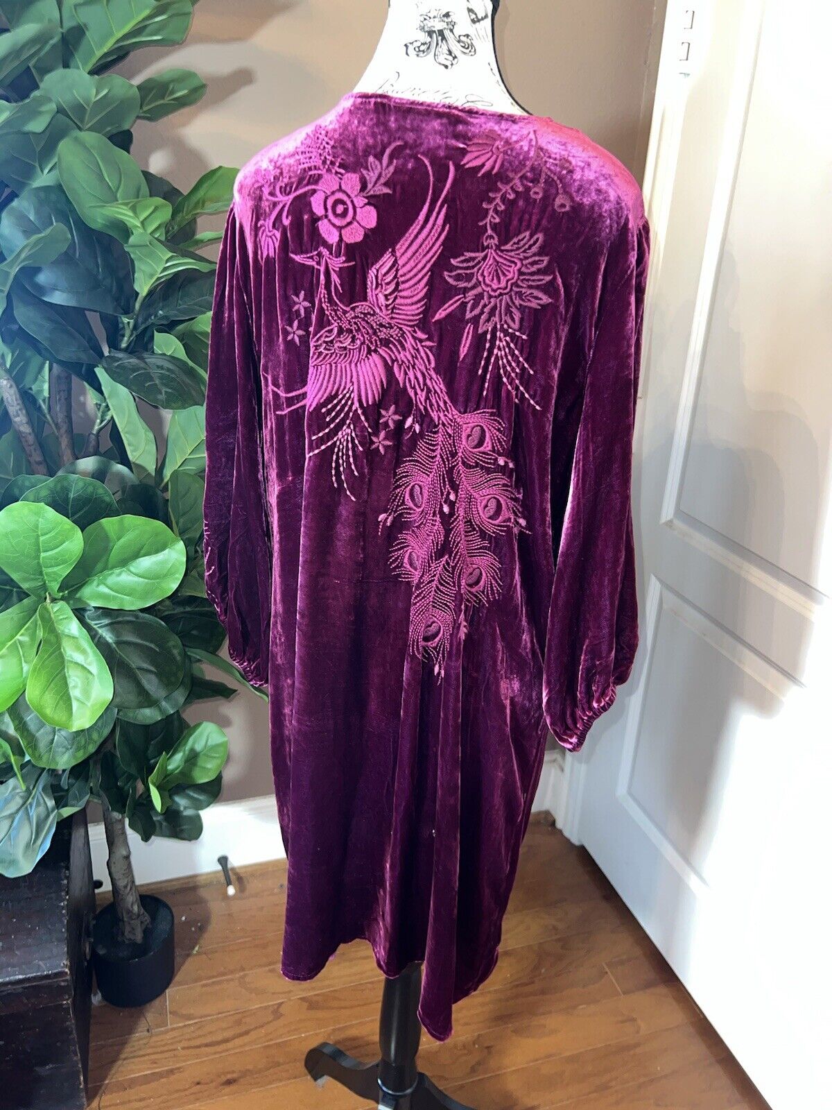 Johnny Was Large Wine Velvet Mini Shift Dress Peacock Embroidered Tunic Top