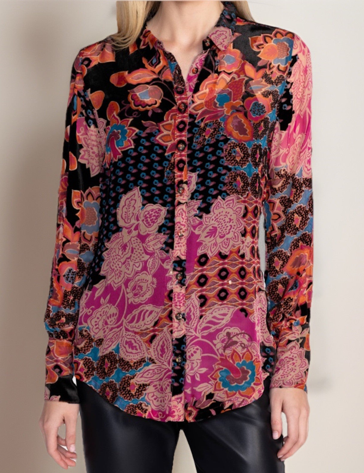 Johnny Was XXL Burnout Silk & Velvet Blouse Pink & Red Button Up Tunic Top BOHO Johnny Was