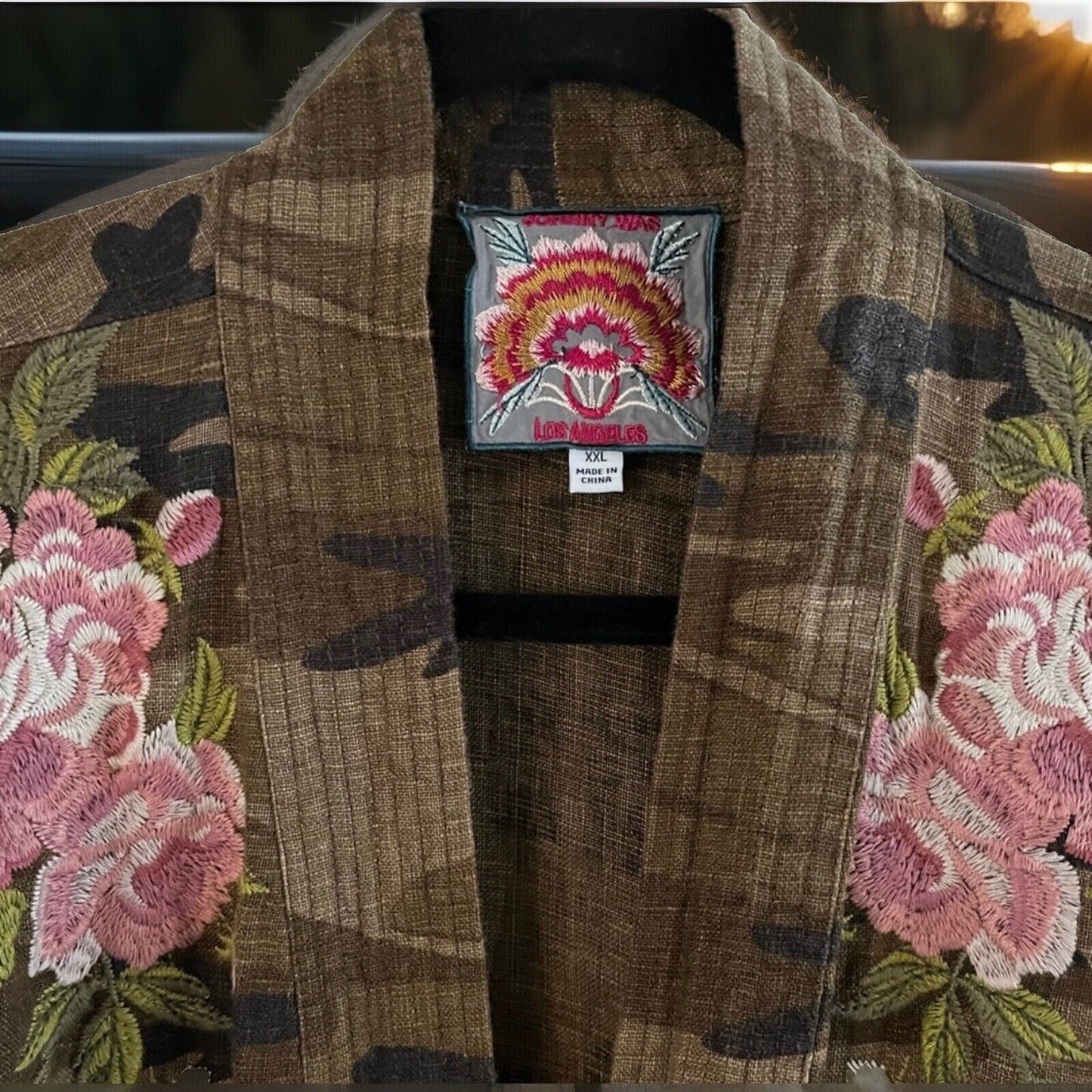 Johnny Was Linen Camo  Embroidered Kimono Sz XXL  2x Top Wrap Jacket