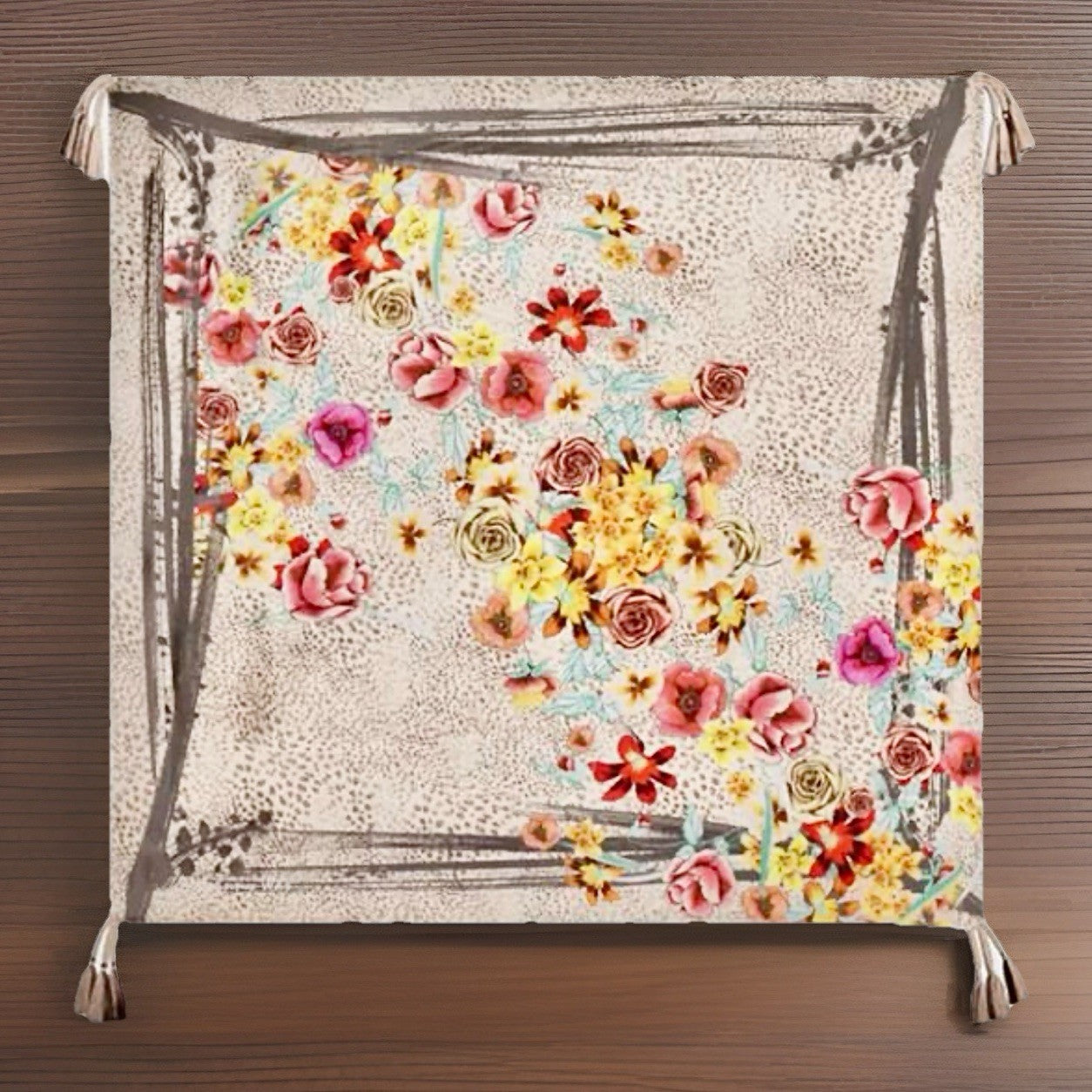 Johnny Was 100% Silk Scarf w/ Tassels Animal Print & Roses Leopard Jungle Rose Johnny Was