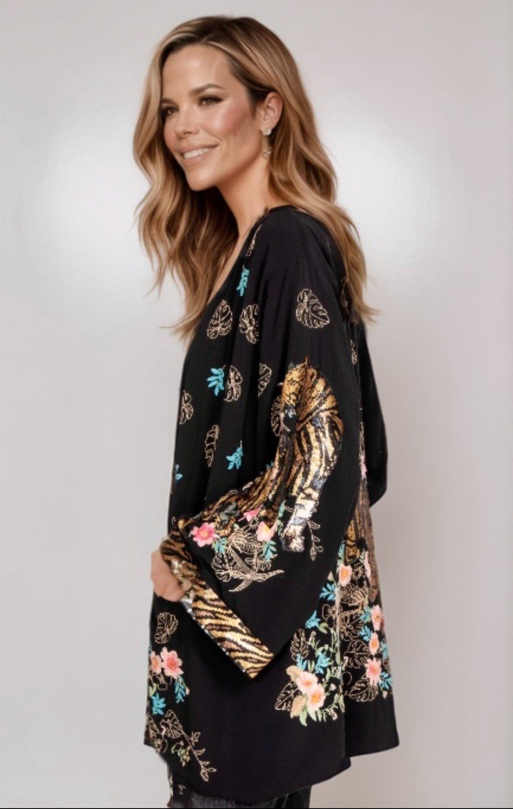 Johnny Was $490 L Large Black & Gold Sequin Kimono Jacket Tiger Silk Lined Johnny Was