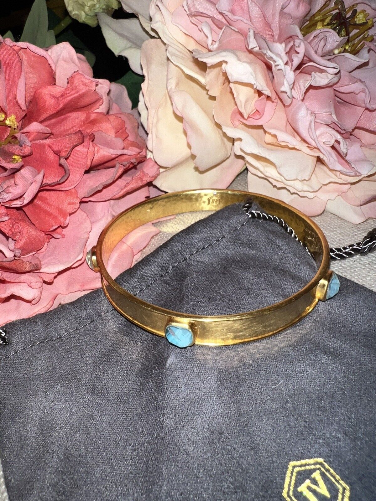 NEW Julie Vos 24k Gold Plated Bangle Bracelet With Blue Stones Sz Medium NWOT