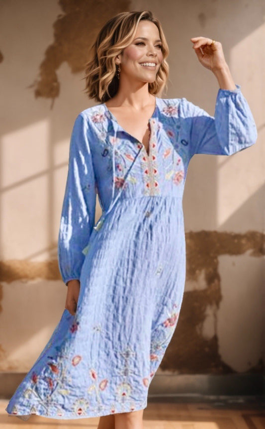 Johnny Was L Soft Blue Midi Peasant Dress Puff Sleeve Embroidered Tassels Johnny Was