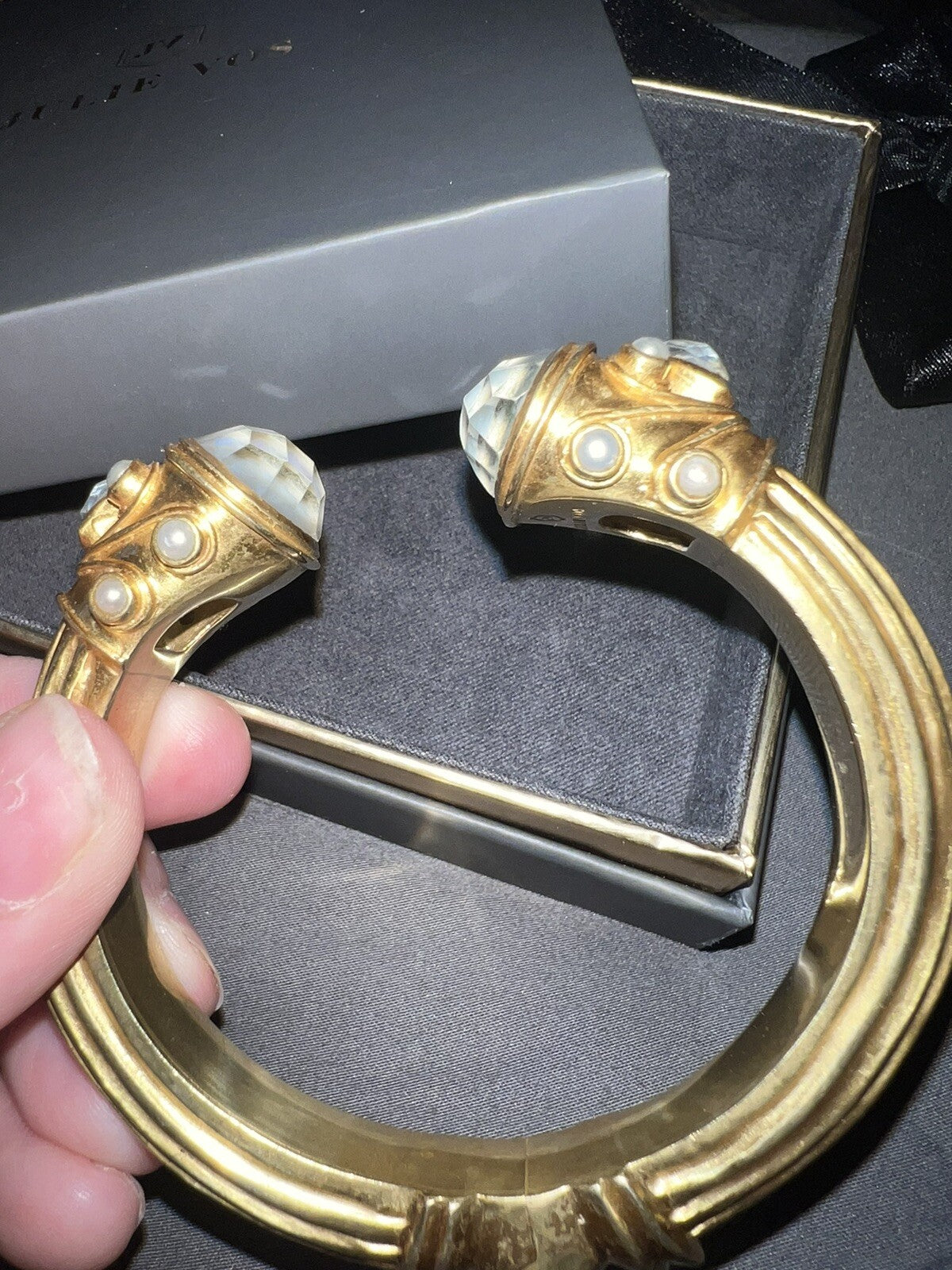 Julie Vos Large Bangle Bracelet Cuff Hinged Iridescent Clear Stones & Pearls Julie Vos