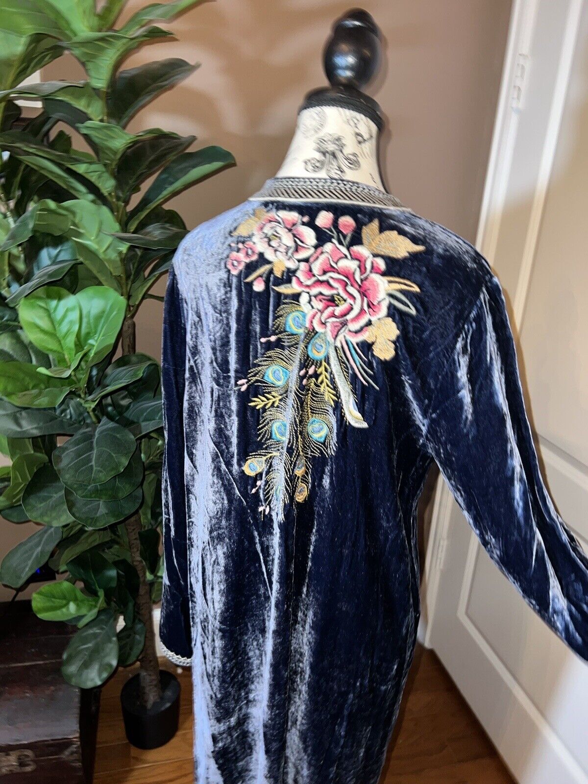 Johnny Was L Large Blue Velvet Kimono Mini Dress Peacock Feather Embroidery