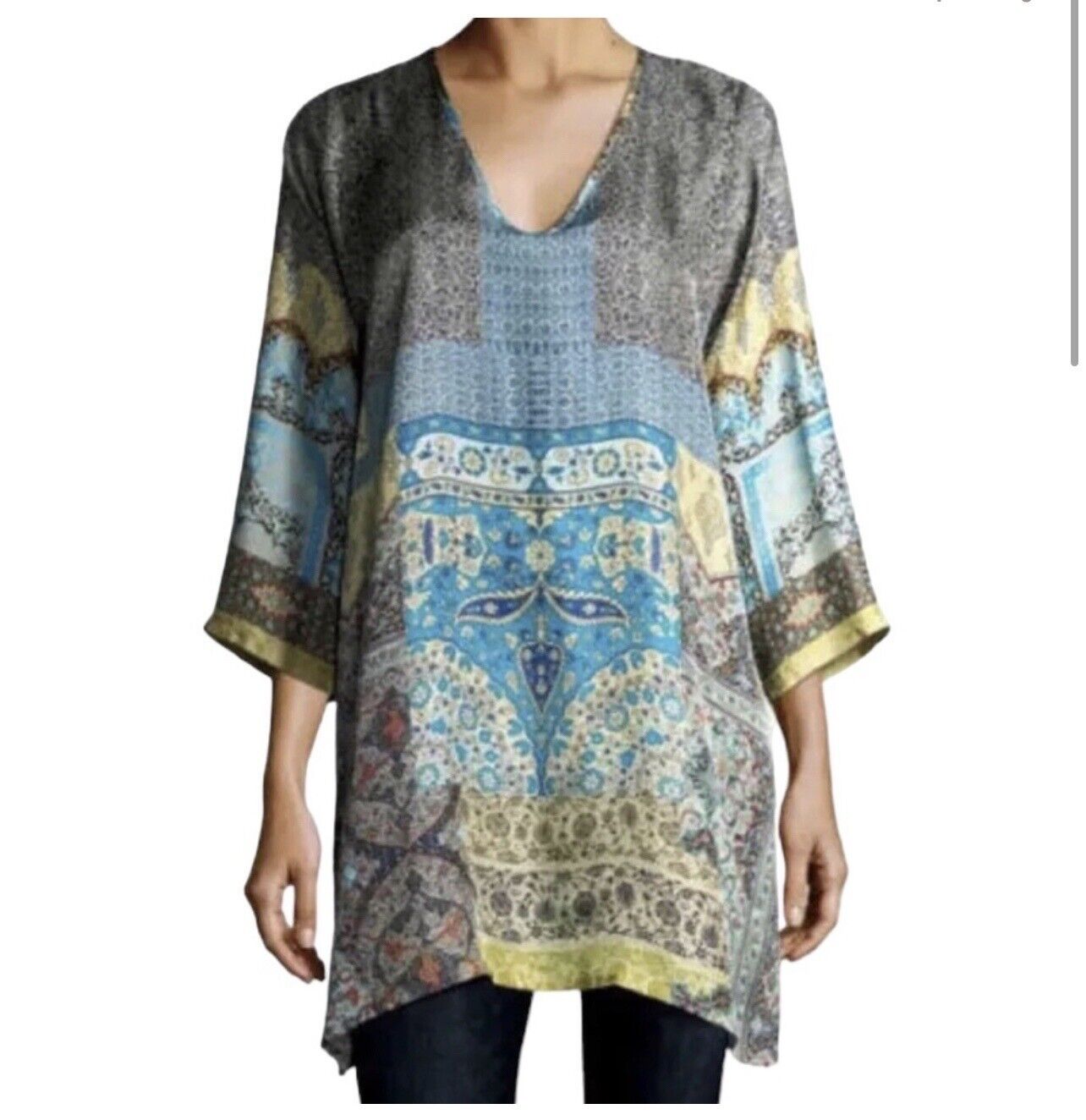 Johnny Was 100% Silk Tunic Top Blouse Or Mini Dress Sz M Medium Beautiful Cond