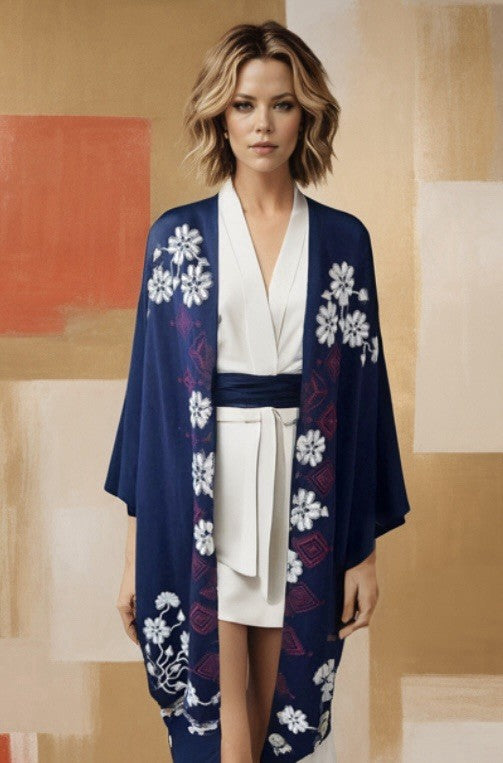 Johnny Was Navy Blue & Red French Terry 3X Kimono Wrap Poncho Coat Jacket Johnny Was