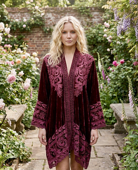 Johnny Was XL Burgundy Wine Velvet Kimono Cardigan Embroidered Top Wrap Duster Johnny Was