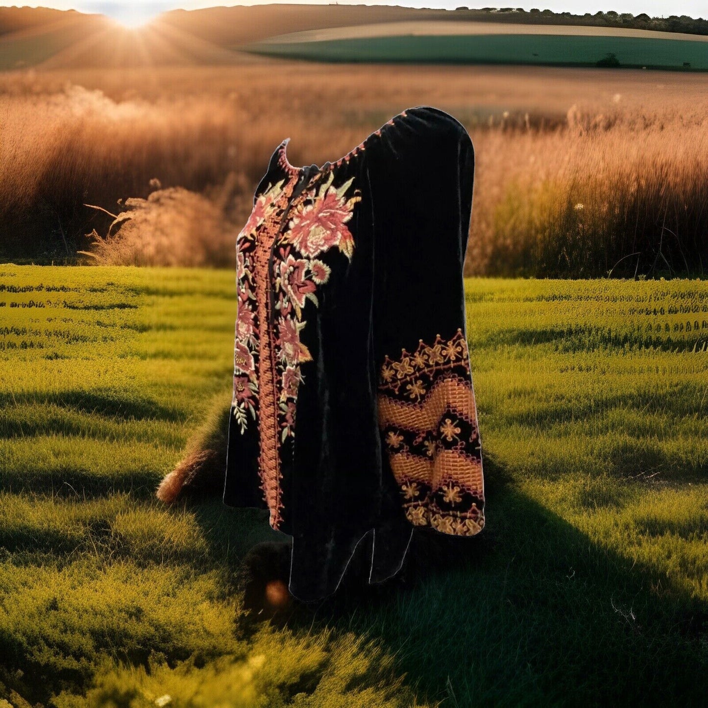 Johnny Was Sz L Large Heavily Embroidered Black Velvet Peasant Top Blouse Johnny Was