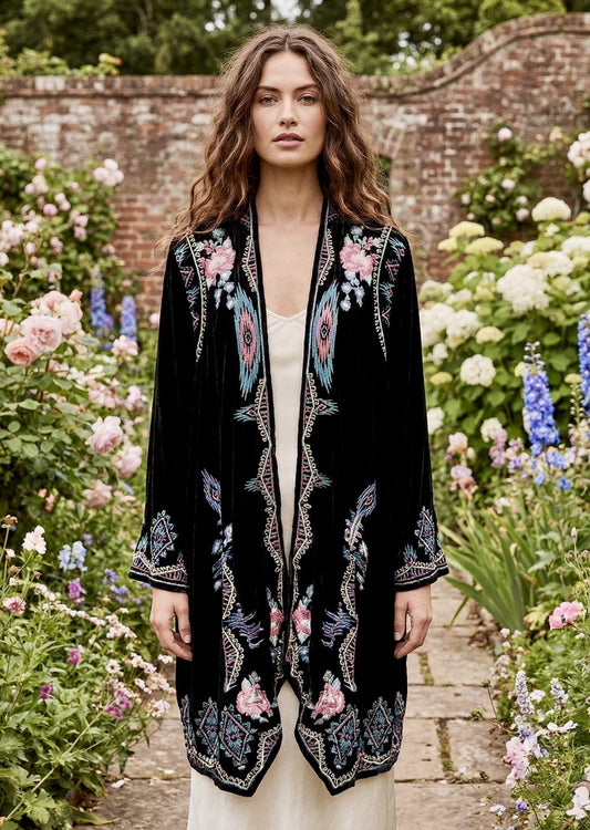 Johnny Was 1X Plus Black Velvet Kimono Wrap Duster Jacket Coat Embroidered BOHO Johnny Was
