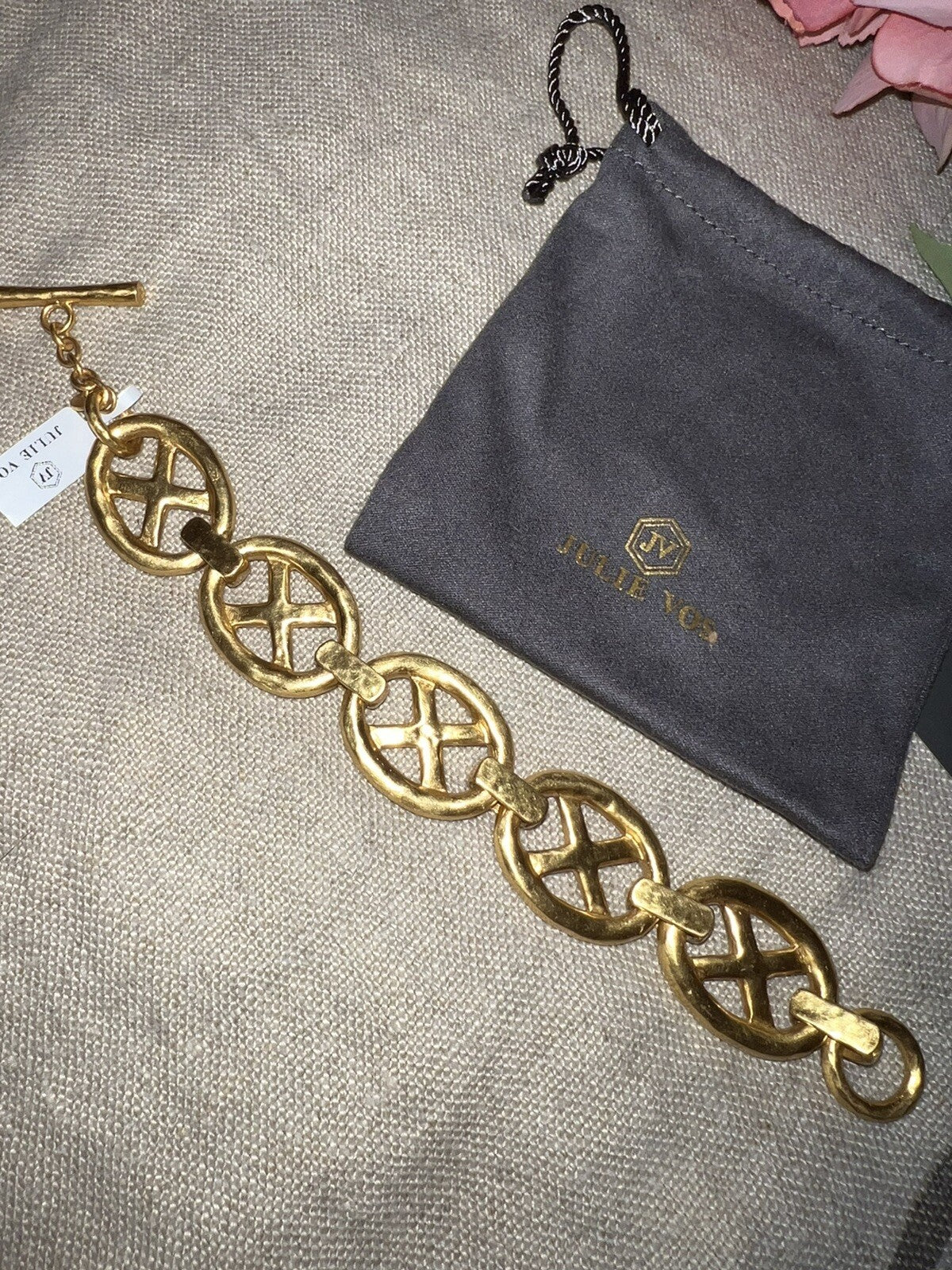 Julie Vos 24k Gold Plated XO Toggle Link Bracelet ADJUSTABLE STUNNING Julie Vos