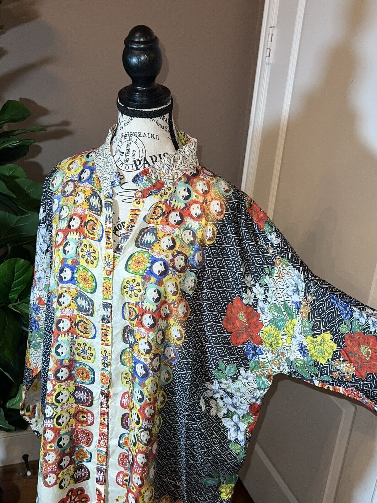 Johnny Was Nesting Dolls 100% Silk Blouse Top Tunic L  Large OVERSIZED