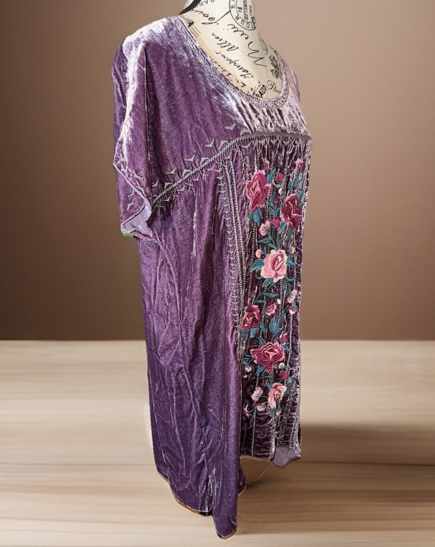 Johnny Was L Large Purple Velvet Embroidered Shift Mini Dress Short Sleeve BOHO Johnny Was