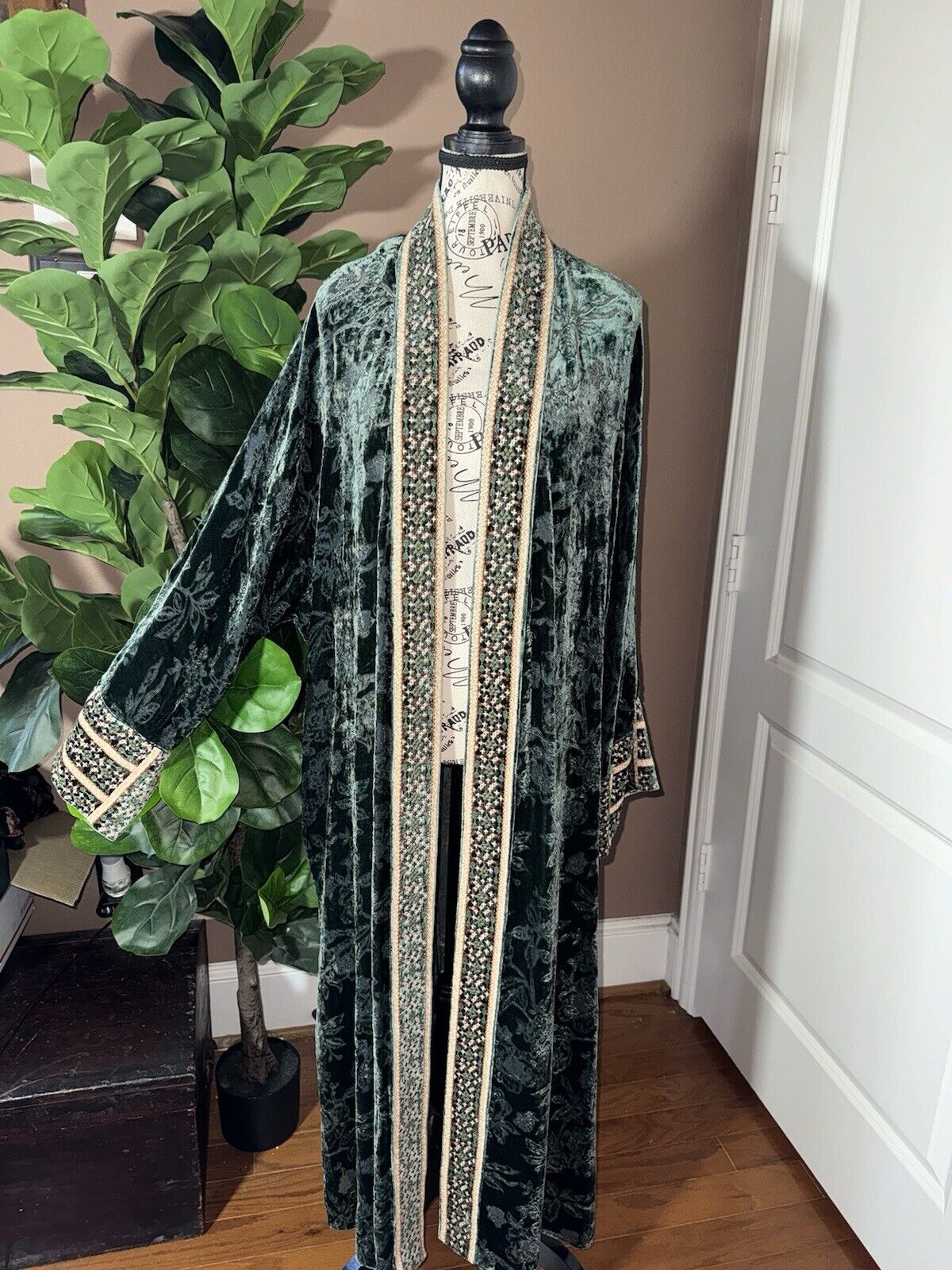 Johnny Was Large Burnout Velvet Long Kimono Duster Wrap Coat Embroidered