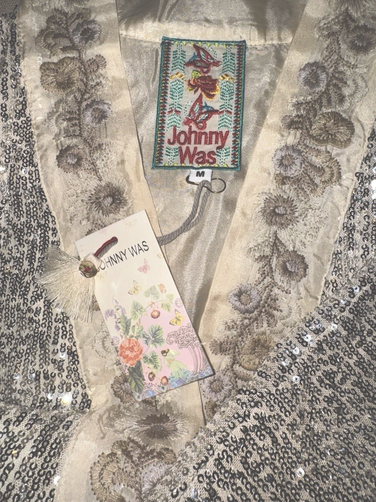 Johnny Was M Silk & Sequins Ivory KIMONO Long Duster Wrap PTP-28” OVERSIZED Johnny Was
