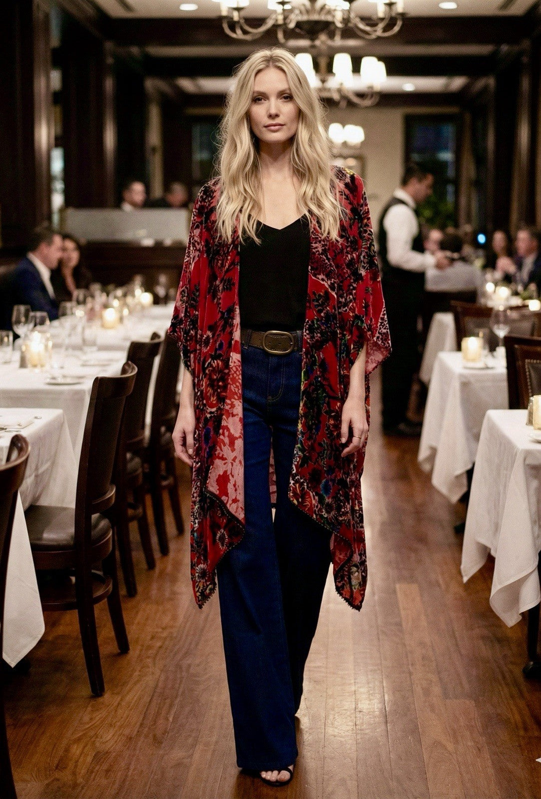 Johnny Was O/S Burnout Velvet Shawl Wrap Red Beaded Trim Bohemian Luxury Johnny Was