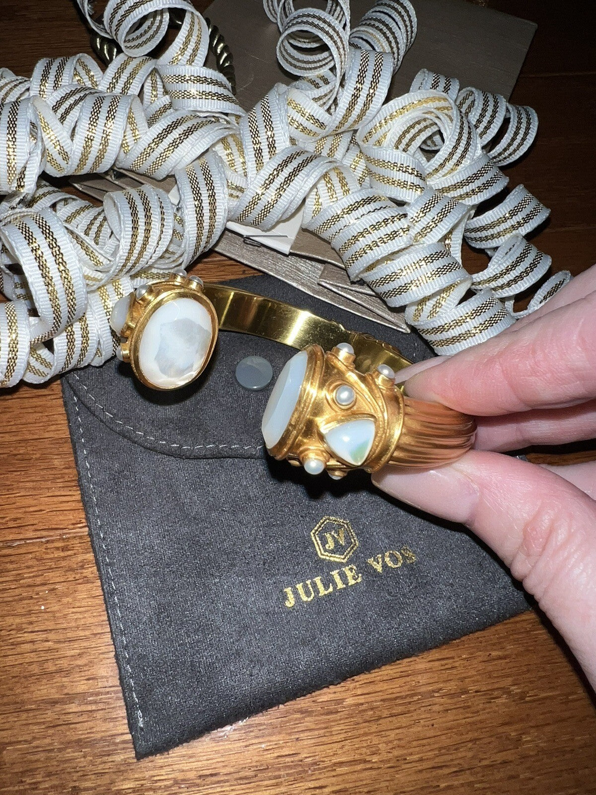 Julie Vos Hinged Bangle Cuff Bracelet 24k Gold Plate & Creamy White Julie Vos