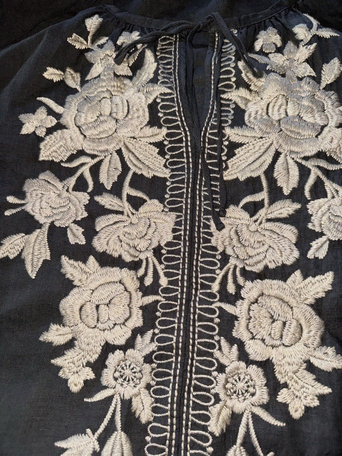 Johnny Was XL Grey Linen Shift Mini Dress Tunic Top Embroidered Cream Flower Johnny Was