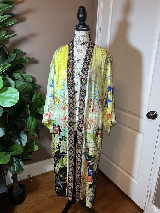 Johnny Was Long 100% Silk KIMONO Duster Wrap XL 1X Embroidery SPRING