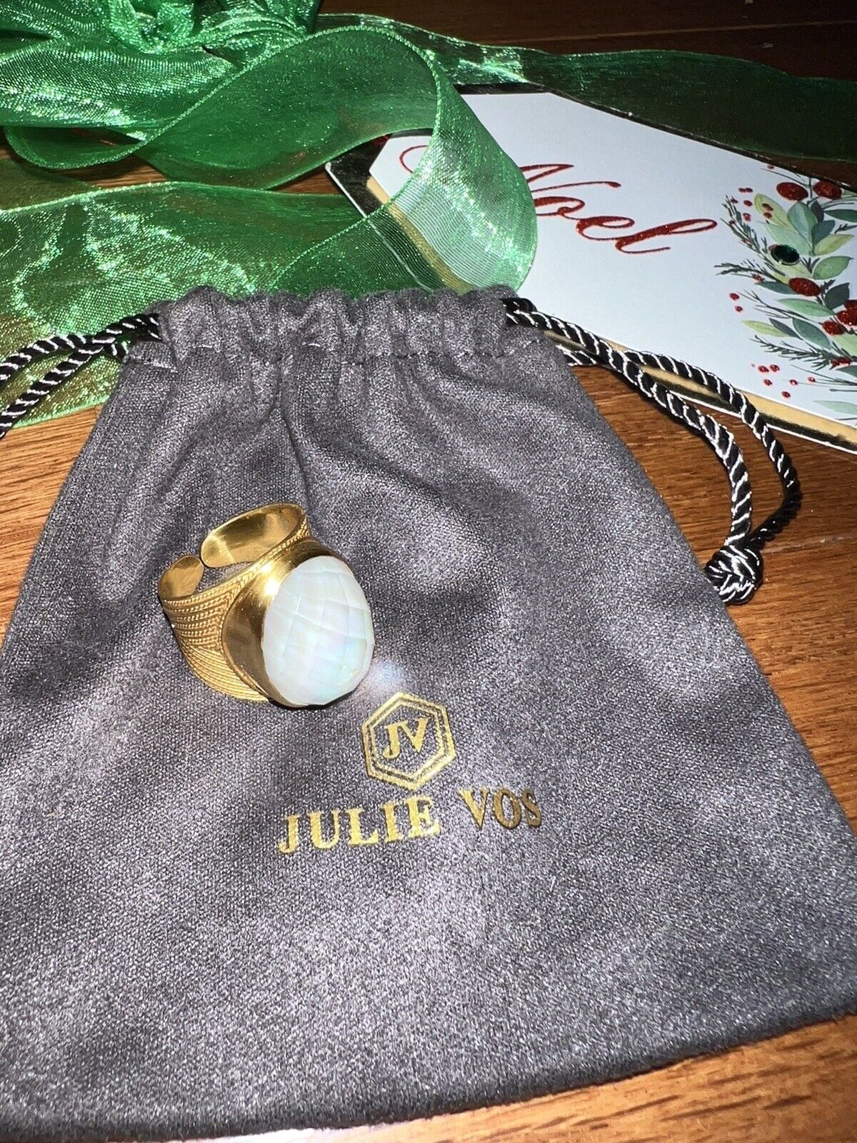 NEW Julie Vos Ring Iridescent Clear White & 24k Gold Plate Sz 8 ADJUSTABLE NWOT