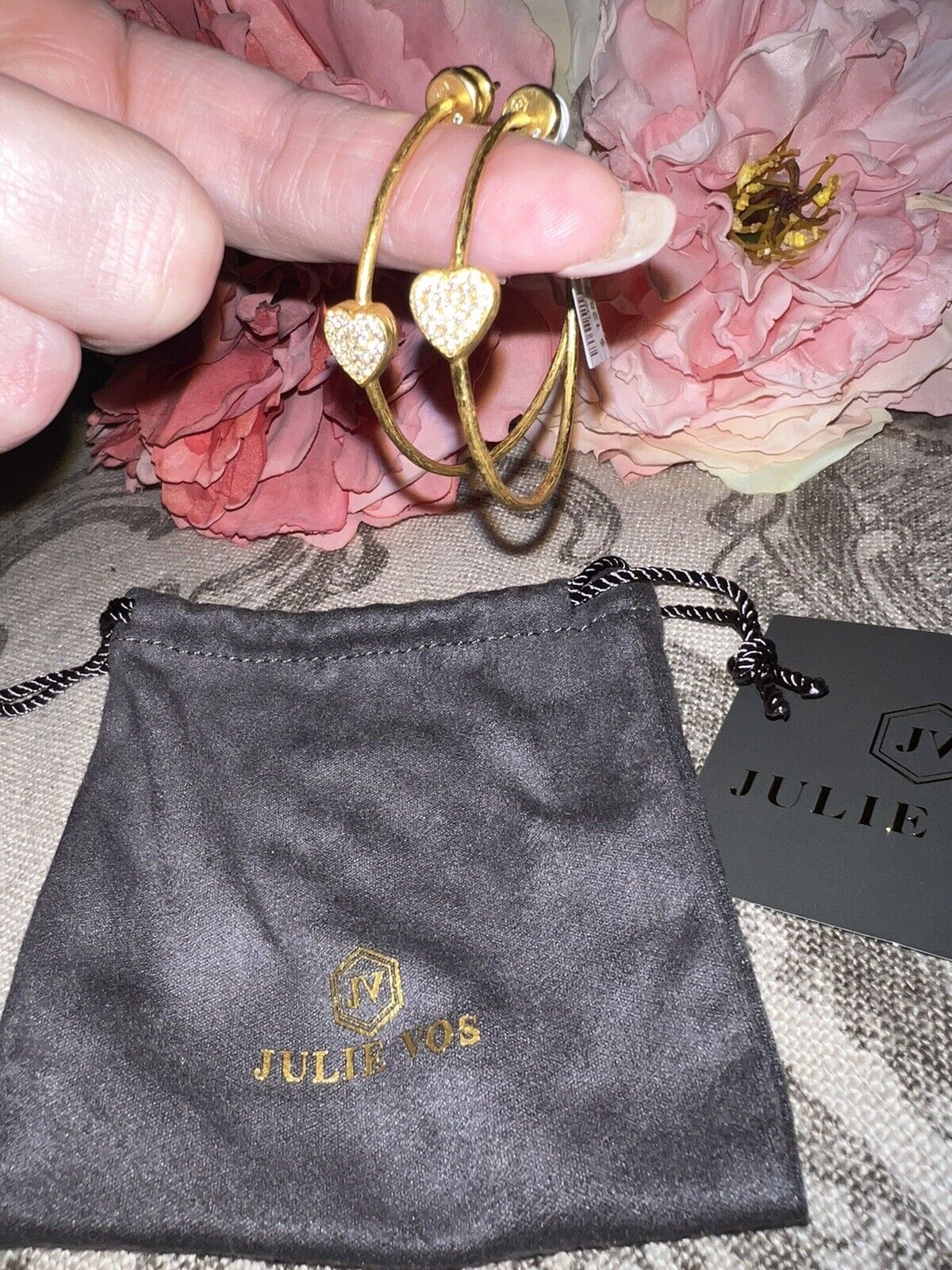 NEW Julie Vos New Pave CZ Heart 1.75” Hoop Earrings 24k Gold Plate NWT