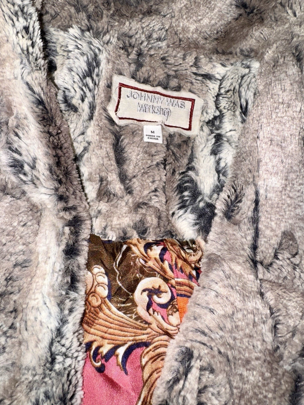 Johnny Was M Foxy Faux Fur Coat Jacket Wrap 100% Silk Lining Pockets Grey Brown Johnny Was