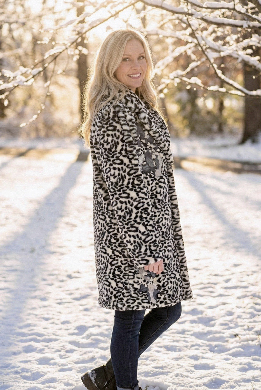 Johnny Was S Soft Blue & White Leopard Faux Fur Coat Jacket Wrap Silk Lining Johnny Was