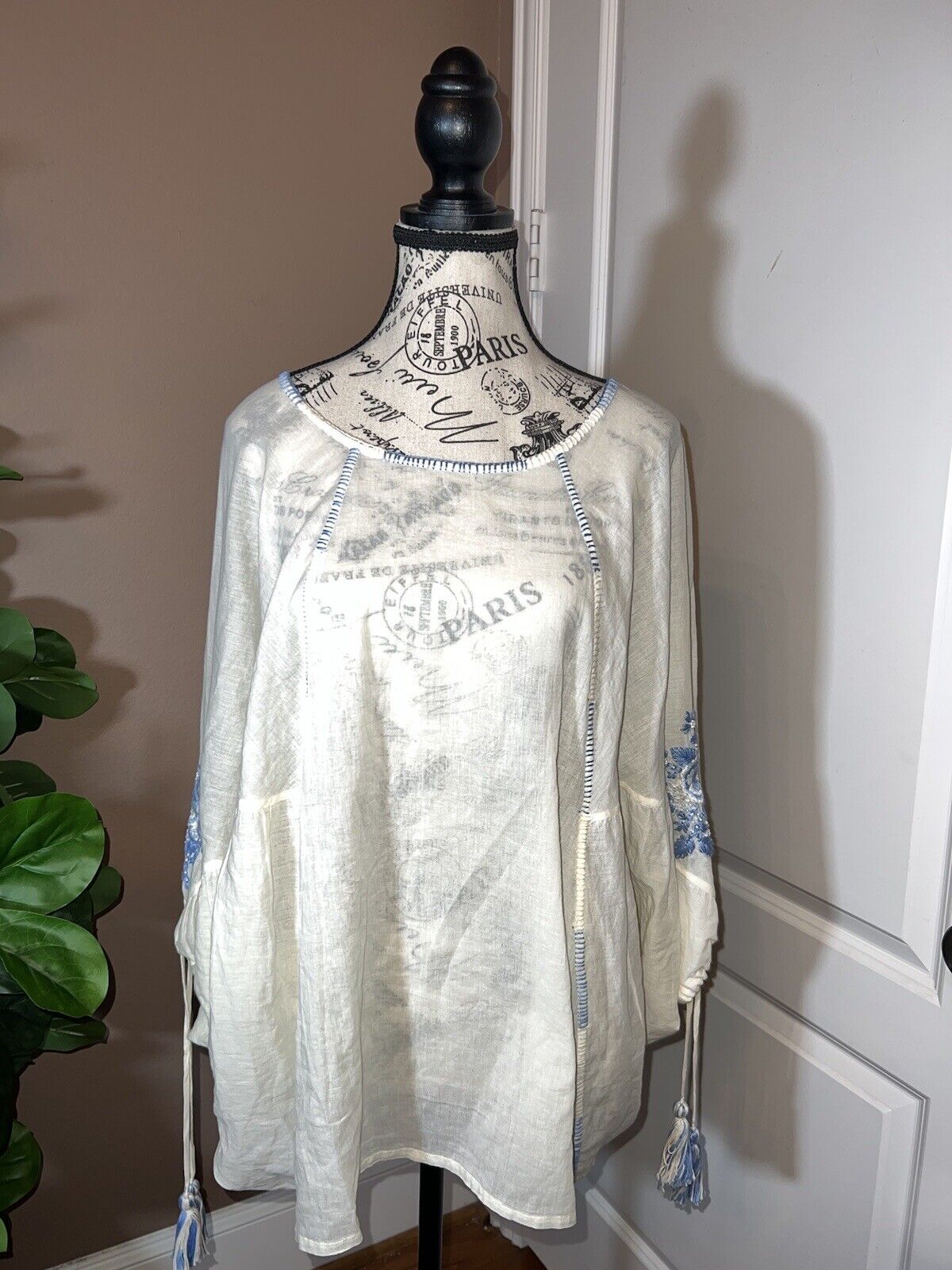 EUC Johnny Was Sz L Large White & Blue Cotton Poncho Peasant Top Tassels Beading